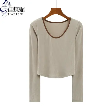 秋冬新款韩版圆领拼色纯色修身短款纯棉长袖体恤上衣内搭女打底衫图片