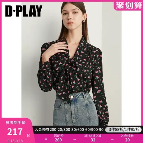 DPLAY2023秋气质通勤法式暗夜玫瑰园V领蝴蝶结系带印花衬衫上衣商品大图