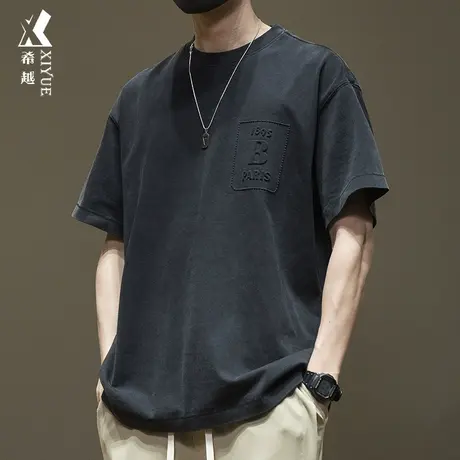 夏季300g美式重磅钢印短袖t恤男全棉复古水洗休闲宽松大码体恤衫商品大图