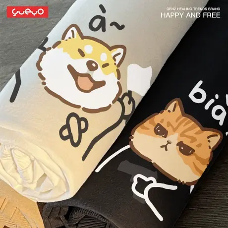 悦游 bia猫a狗 日系卡通潮流春季ins纯棉短袖T恤男情侣猫狗互动商品大图