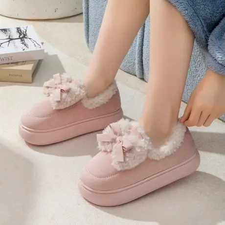 蝴蝶结棉拖鞋女士冬季室内家居保暖月子鞋秋冬防滑厚底包跟棉鞋女商品大图