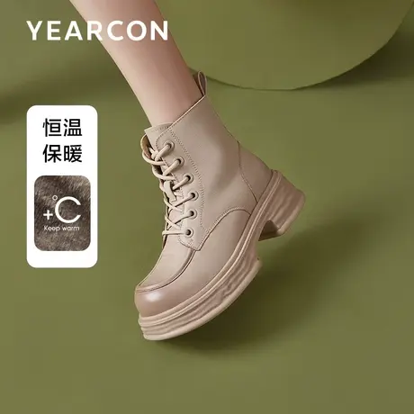 意尔康马丁靴2023年冬季加绒保暖牛皮粗跟复古靴子潮酷工装机车靴商品大图