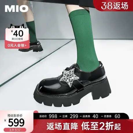 [李雪琴同款]MIO米奥春冬星饰水钻乐福鞋漆面小皮鞋粗跟单鞋女图片