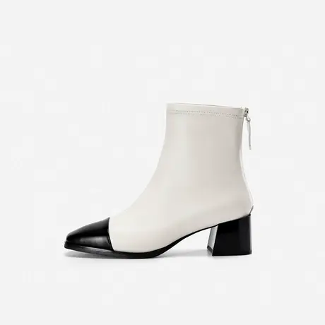 Nine West/玖熙时装靴女2022年秋冬款拼色粗跟短靴后拉链真皮靴子商品大图