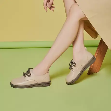 戈美其小皮鞋女2023秋新款平底圆头百搭不累脚乐福鞋真皮系带单鞋商品大图