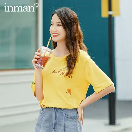 茵曼短袖T恤女2023夏装新款撞色涂鸦绣花宽松显瘦潮趣上衣图片