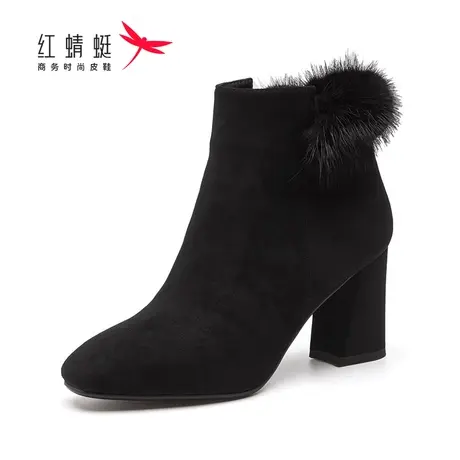 红蜻蜓女鞋女靴秋冬新款粗跟时尚百搭绒面貂毛舒适软皮透气防滑图片