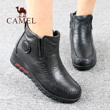 Camel/骆驼女鞋冬季新款真头层牛皮加绒坡跟中年舒适休闲妈妈靴子图片