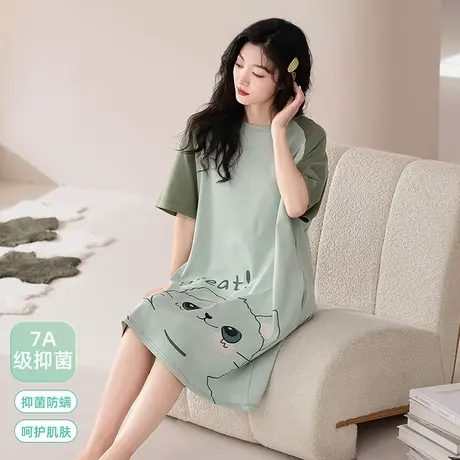 猫人7A抑菌纯棉睡衣女春夏款2024新款带胸垫大码短袖家居服可外穿图片