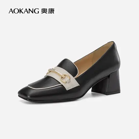 【官方直营】奥康2022秋季新款真皮小皮鞋女粗跟浅口百搭正装单鞋图片