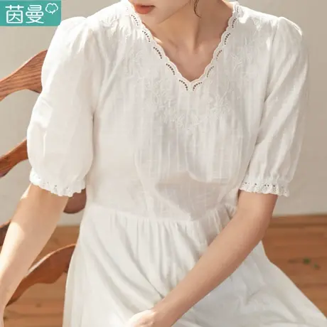 茵曼官方旗舰店2024春女装新款田园提花泡泡袖花边a字连衣裙图片