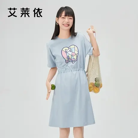 艾莱依猫咪印花纯棉t恤连衣裙女2022年夏季新款休闲可爱收腰裙子图片