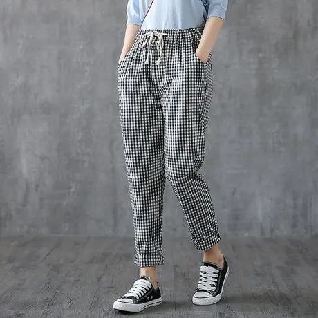 DZA 格子棉麻裤子女宽松直筒裤秋季2022新款哈伦裤休闲亚麻萝卜裤图片