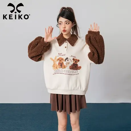 KEIKO 美式复古印花POLO领卫衣2023秋冬羊羔毛绒拼色慵懒套头绒衫图片