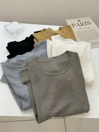 竖坑条圆领羊毛针织衫女秋季薄款内搭打底衫百搭纯色长袖套头毛衣商品大图