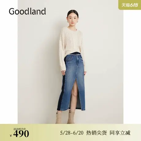 【天丝系列】Goodland美地春季法式优雅镂空落肩针织衫图片