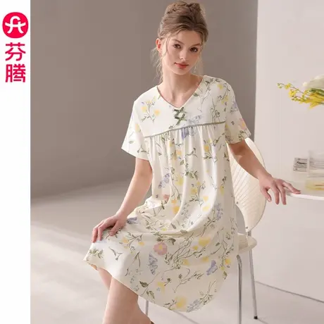 芬腾睡裙女款夏季纯棉短袖睡衣裙薄款凉感夏天大码连衣裙家居服女图片