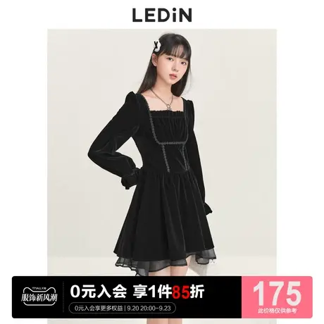 乐町方领花边连衣裙休闲秋冬新款女黑色丝绒年会战袍战衣收腰裙子图片