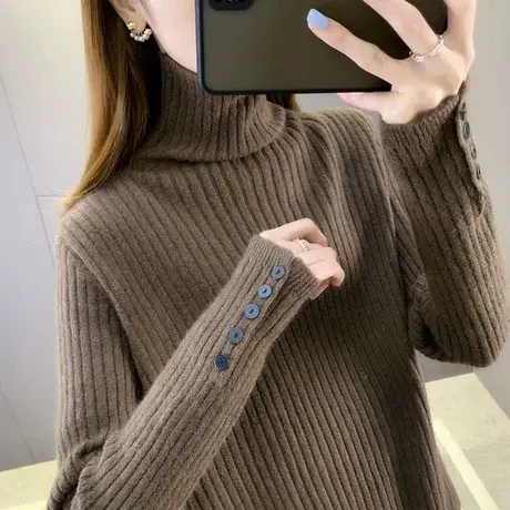 高领毛衣女2023秋冬新款袖子钉扣针织衫宽松打底衫纯色内搭上衣厚图片