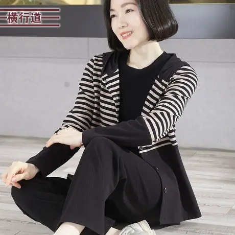 2023新款冬装连帽条纹拼接宽松长袖外套撞色休闲妈妈大码女装上衣图片