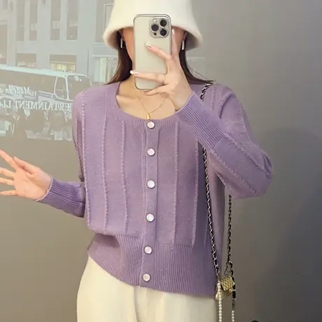 2023秋冬新款针织开衫外套女长袖圆领减龄小个子设计感外穿上衣女商品大图