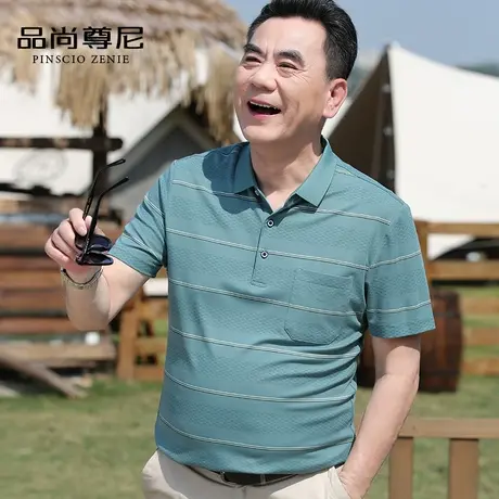 【凉感冰丝】蜂窝网眼透气条纹款休闲POLO衫男士爸爸夏装短袖T恤商品大图