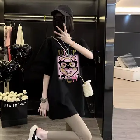 韩版高级设计感洋气时尚印花T恤女夏季女装2025新款宽松短袖上衣图片