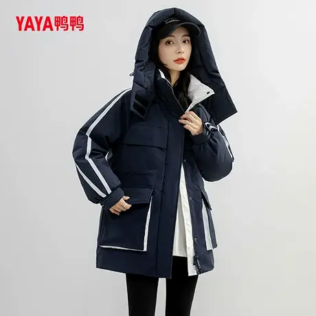 鸭鸭羽绒服女2024年新品中长款连帽韩版收腰时尚鸭绒保暖外套C商品大图