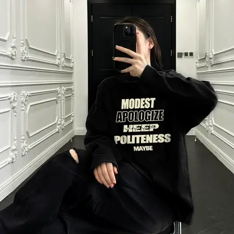 美式街头风小众ins潮牌黑色长袖t恤女宽松显瘦设计感字母印花上衣商品大图