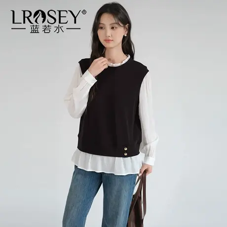蓝若水大码女装针织假两件拼接衬衫2025秋装新款木耳边圆领上衣YL商品大图
