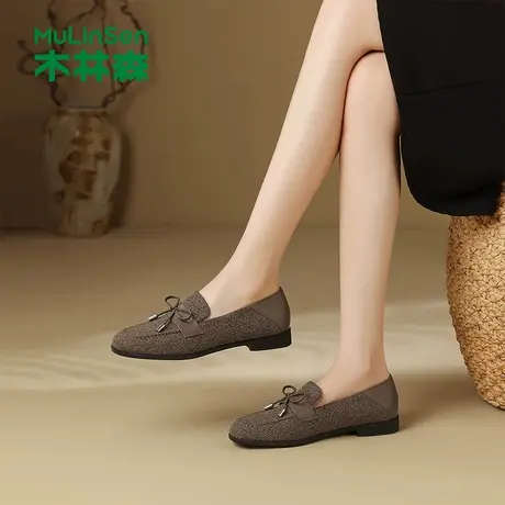 木林森女鞋2025秋季新款低跟软底一脚蹬乐福鞋蝴蝶结女士浅口单鞋图片