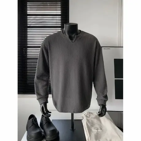 深灰色肌理感小V领卫衣男款重磅可外穿内搭打底衫cleanfit长袖T恤商品大图