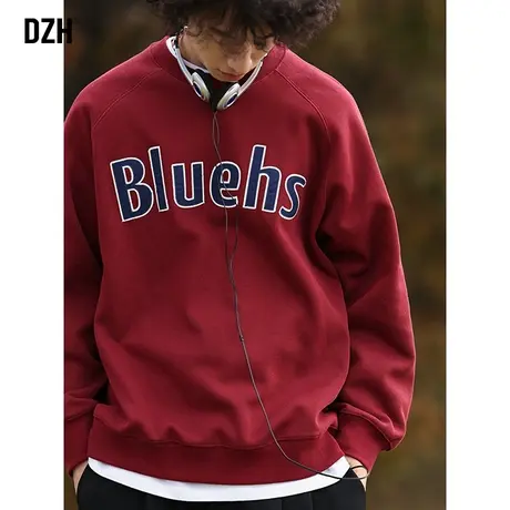 男生酒红色刺绣圆领卫衣男高级感宽松2023新款秋季纯棉上衣打底衫商品大图