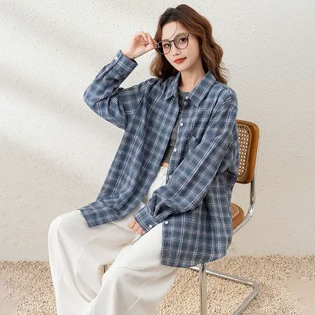 唐狮秋季衬衫女新款长袖格子百搭时尚复古上衣开衫外套通勤休闲TM商品大图