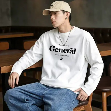 唐狮春款男士t恤长袖前胸大文字潮款纯棉港风男宽松上衣打底TD图片