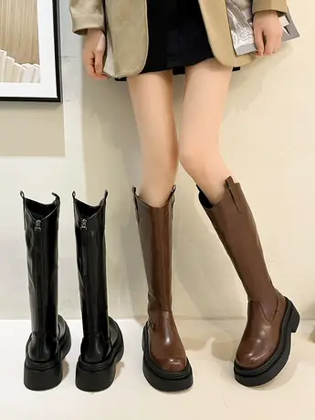 2023年秋季新款V口显瘦不过膝骑士靴高筒厚底粗跟小个子长筒靴女商品大图