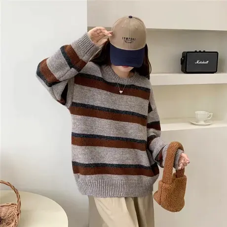 女毛衣秋冬新款条纹宽松针织衫韩版休闲气质打底慵懒风女上衣外穿商品大图