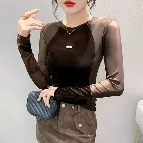 秋冬新款欧货拼接T恤女长袖时尚网纱丝绒上衣洋气修身收腰打底衫商品大图