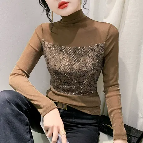 加绒复古烫钻钉珠T恤女长袖性感高领网纱上衣洋气修身减龄打底衫商品大图