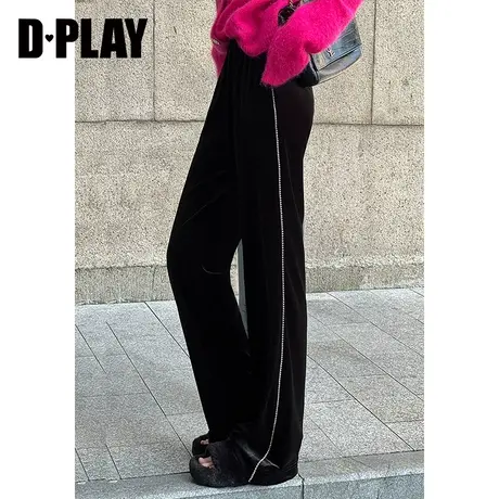DPLAY2023冬口碑神裤黑色钻链高腰松紧垂感直筒丝绒裤空气裤商品大图