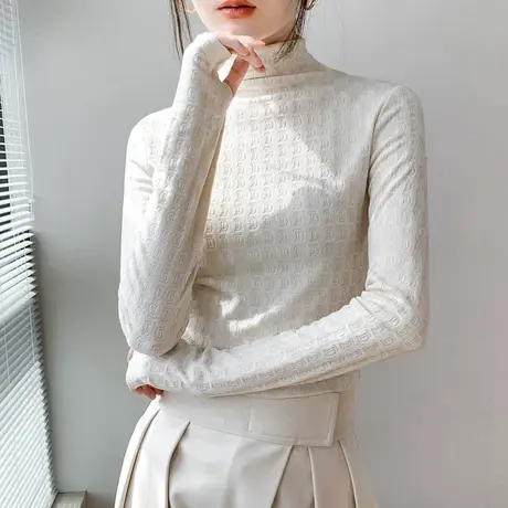手套袖打底衫女2023秋冬半高领磨毛T恤针织字母提花长袖加绒上衣商品大图