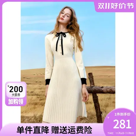 秋水伊人蝴蝶系带撞色针织连衣裙女2023年冬季新款高级感气质裙子图片