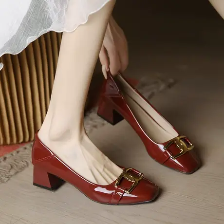 法式真皮高跟鞋女方头2023年春季新款小香风浅口一脚蹬粗跟单鞋女图片
