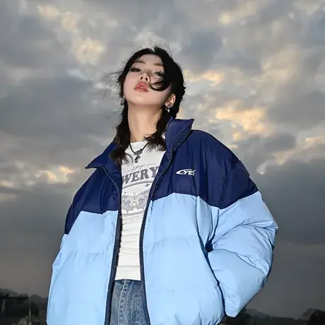 YEP拼接短款羽绒服女冬季加厚外套2023年新款复古潮牌宽松面包服图片