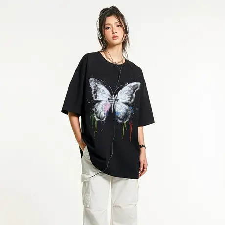 YEP蝴蝶印花短袖t恤女2023年新款夏季黑色复古半袖宽松bf潮牌上衣商品大图