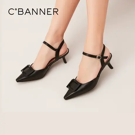 千百度女鞋夏季方扣包头凉鞋舒适简约气质时尚优雅一字式细跟中跟商品大图