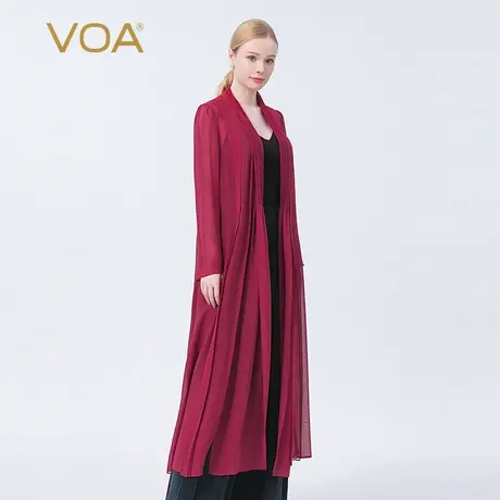 VOA纯真丝乔其酒红色围巾领飘带绑带长袖褶皱长款桑蚕丝大摆外套图片