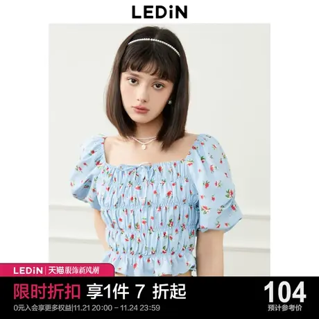 乐町浪漫方领上衣2023夏季新款女装碎花法式温柔收腰短款雪纺衫商品大图