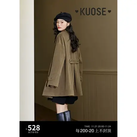 阔色咖棕色美拉德毛呢外套2023秋冬季新款女中长款大衣牛角扣呢子商品大图