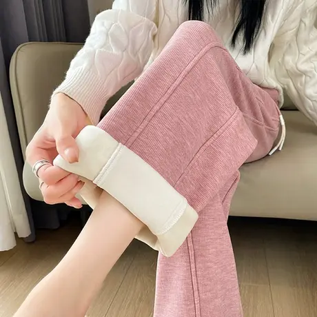 粉色灯芯绒阔腿裤女冬季新款垂感休闲直筒加绒雪尼尔运动拖地裤子图片